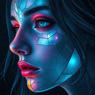 The primary subject of the image is a woman with a blue and purple face, featuring a unique and artistic design. The setting is a dark background, which contrasts with the vibrant colors of the woman's face. The visual style is a digital art or illustration, showcasing the creativity and skill of the artist. The colors and mood of the image are predominantly blue and purple, giving the impression of a futuristic or fantastical atmosphere.